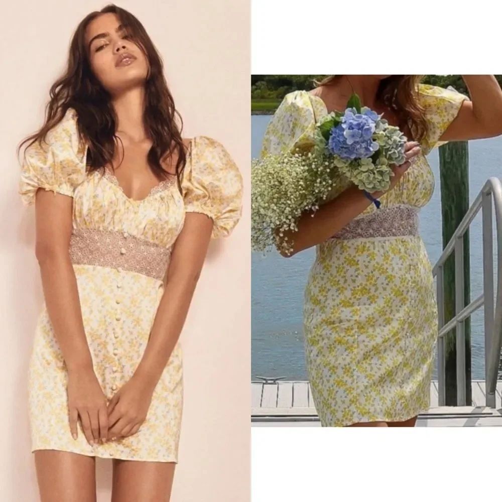 NWT For Love and Lemons Daffodil Mini Yellow Dress Puff Sleeve in Floral Size XS